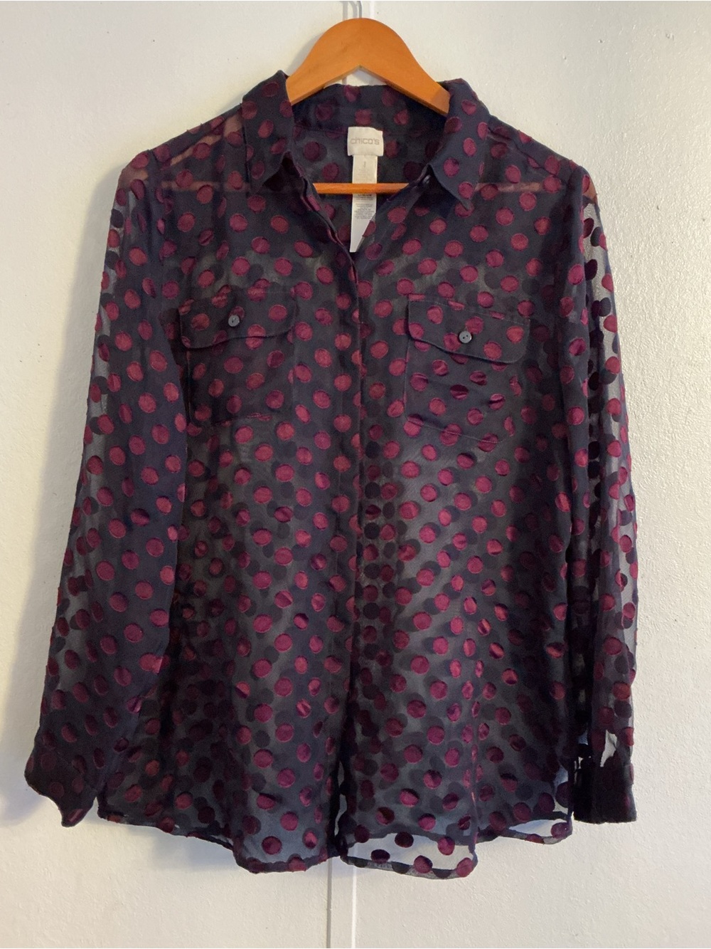 Chico's black Top with Berry Polka Dots
